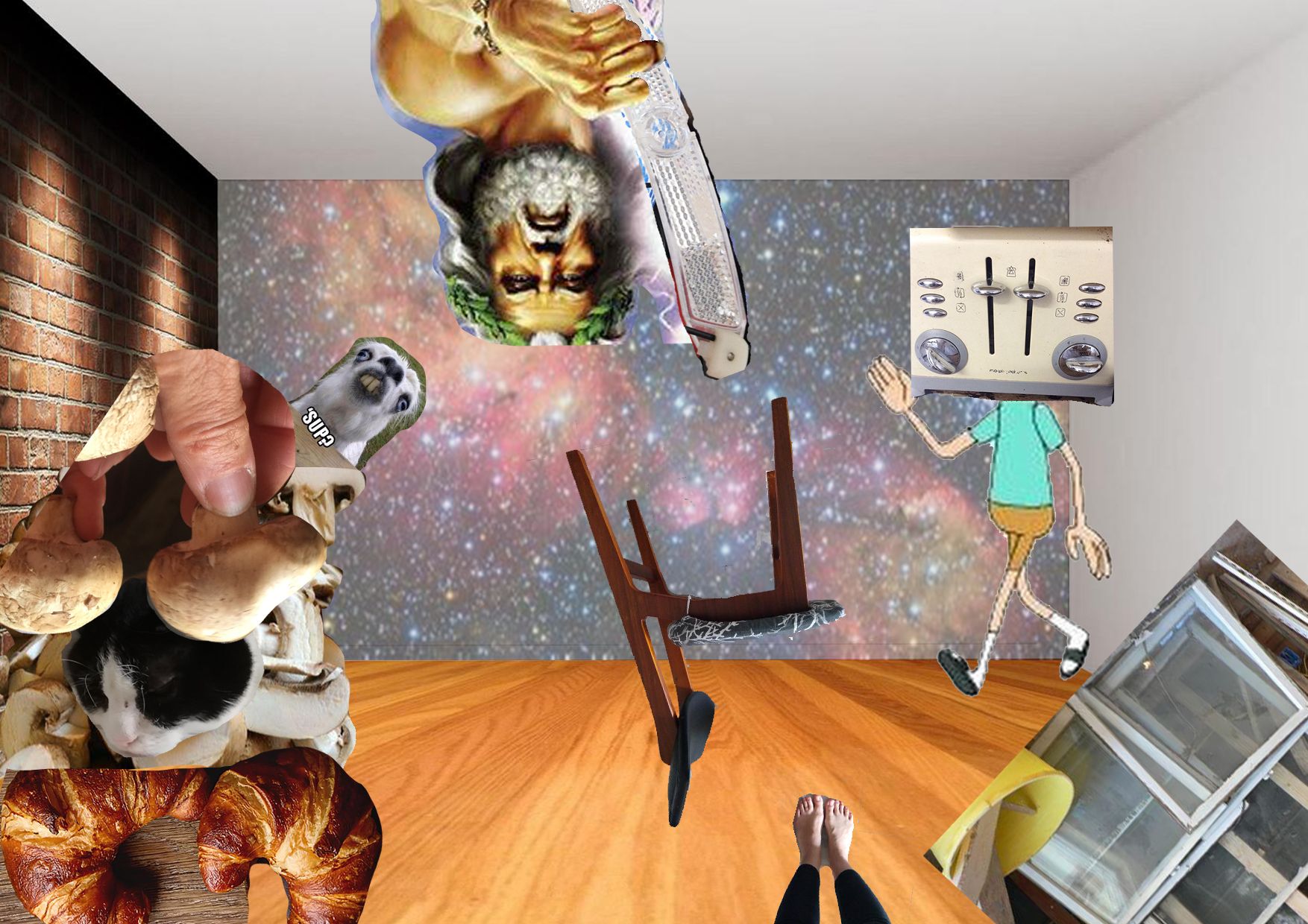 Collage showing a chair, some croissants, a cat, some mushrooms, some windows, Zeus, the drawing of a boy with a toaster instead of his head